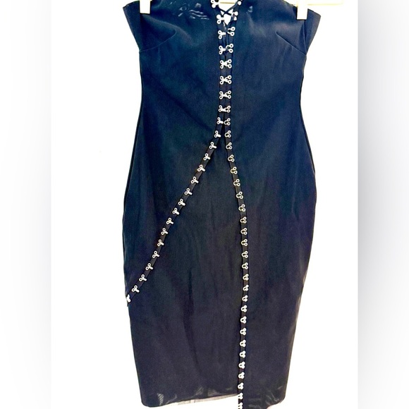 BEC + BRIDGE Black Lace Up Corset Strapless Asymmetrical Midi Dress Size 2 - Picture 2 of 11